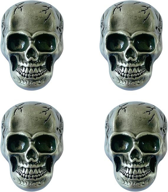 Set of 4 Skull Drawer Knobs, Cabinet Knobs, Drawer Pulls, Halloween Home Decor (Pewter-Alloy Skull Knobs)
