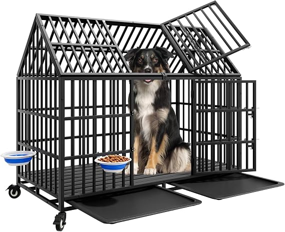 54 Inch Heavy Duty Dog Crate for Large Giant Dogs with 2 Bowls