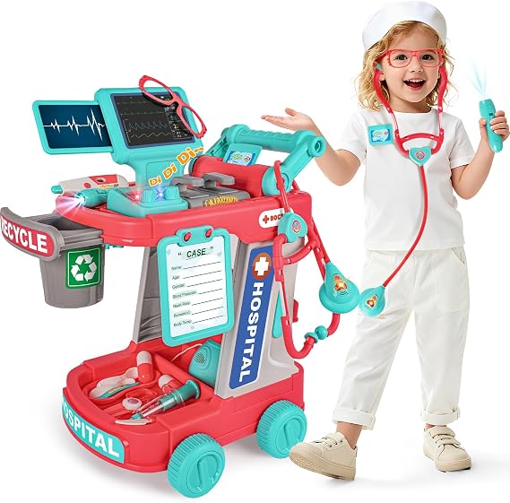 Doctor Kit for Kids, Pretend Play Medical Toy Doctor Cart, Doctor Toy for Kids 3-5, Christmas Birthday Costume Role Play Dress Up Gift Ideas for Boys Girls