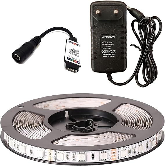 AmberLED 5 Metre RGB Şerit LED Seti - Bluetooth Uygulama Kontrollü - Müziğe Duyarlı 5050 3 Çipli Tak Çalıştır - Adaptör Dahil - İç Mekan Silikonsuz Aydınlatma [Enerji Sınıfı F]