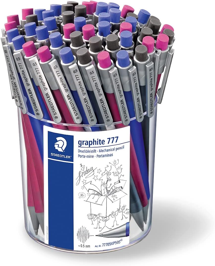 STAEDTLER Refill, 777 07KP50 Mechanical Pencil Graphite Filled with B Refill Diameter 0.7 mm Pack of 3 Assorted Barrel Colours BlueOrangeGreen, 50 Pieces in Case