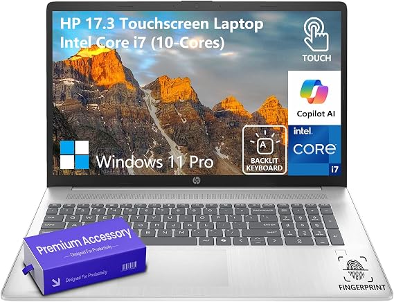 HP 17 Inch Laptop Touchscreen Computer, 17.3 HD+ Touch Screen Business Laptop PC, Intel 10-Core i7 Laptop Windows 11 Pro, 32GB RAM 1TB SSD, Backlit 10-Key Number Pad, Fingerprint, Wi-Fi 6