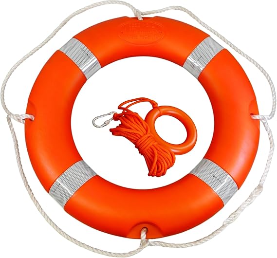 Lifebuoy Throw Ring 58cm Medium Size 1.5kg, with SOLAS Compliant Retro-Reflective Tape + 10m rope throw line and grab ring. Marine Safety Flotation Devices