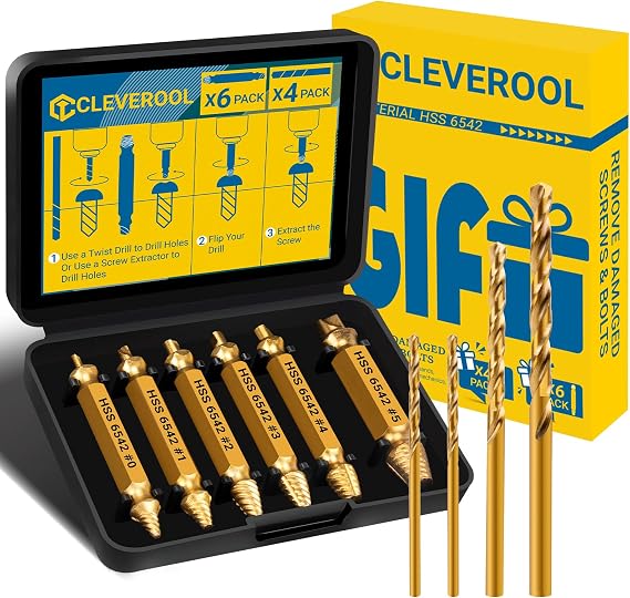 10 PCS Damaged Screw Extractor Set | 6 PCS HSS 6542 Screw Extractor Remover Kit and 4 PCS Twist Drill Bit Kit for Stripped Screws & Drill Bit Tools, Gifts for Men