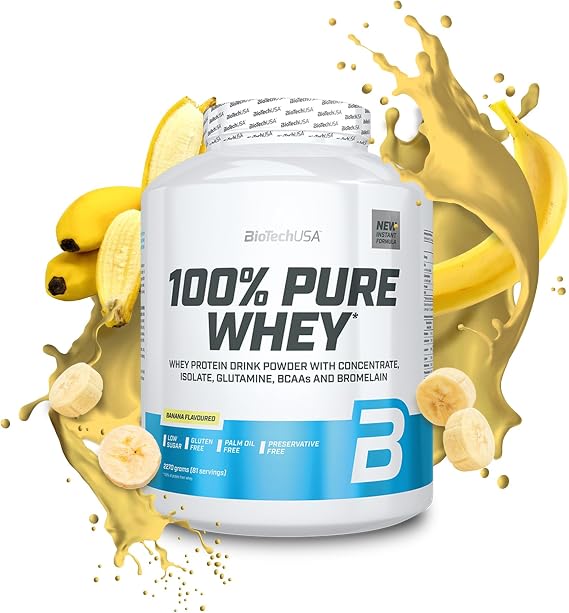 BioTechUSA 100% Pure Whey | Protein Powder with BCAA and Glutamine | Gluten-Free, Palm Oil Free | 21g Protein per Serving, 2.27 kg, Banana
