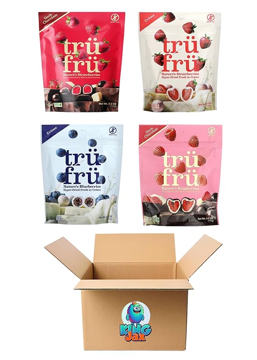 Tru Fru Freeze Dried Chocolate Covered Fruit - 4 flavor Variety Pack (4.2 oz bags) Trufru Chocolate Covered Strawberries & Raspberries, Peaches in Creme & Tru Fru Strawberries in Creme, true fruit