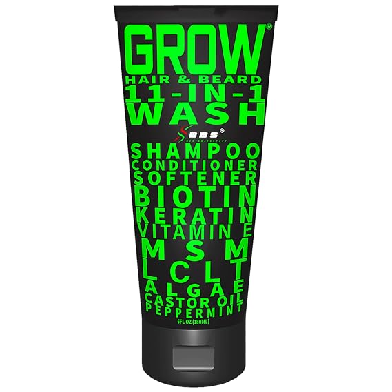 Beard Wash Shampoo & Conditioner 11-in-1 GROW Hair & Beard Growth Wash with Biotin, Castor Oil, Peppermint & Keratin Supports Thicker Hair & Beard Growth