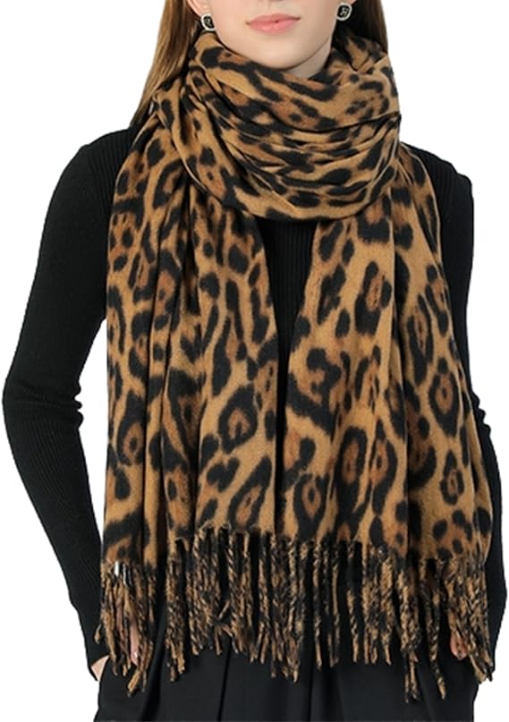 Women's Leopard-Print-Winter-Scarf Soft Warm-Shawl Oversized Blanket Wraps