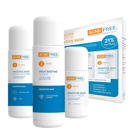 AcneFree 24Hr Acne Clearing System for Sensitive Skin, 3-Step Kit with 1.5% Salicylic Acid Gentle, Alcohol-Free Cleanser, Toner & Lotion for Acne-Prone Skin, Dermatologist Recommended