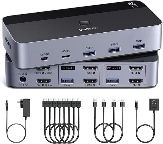 UGREEN HDMI KVM Switch 2 Monitors 2 Computers 4K@60Hz, with 4 USB 3.0 Ports
