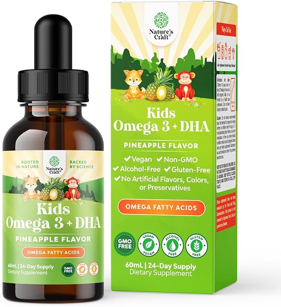 Kids DHA Omega 3 Drops - Fatty Acids Omega 3 6 9 for Brain, Immune Strength & Vision - Nutritional DHA for Kids for Healthy Nervous System & Focus Support - Liquid Supplement with EPA & ALA - 2 Fl Oz