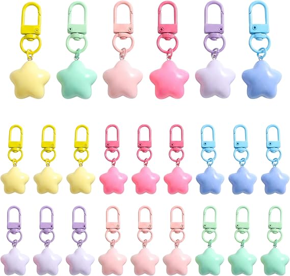 24 Pcs Acrylic Star Keychain Bundle - Cute Chubby Bag Charms. Outstanding Colorful Keyring Accessories Featuring Durable D Ring Clasps, Bulk Pastel Party Favors Assortment
