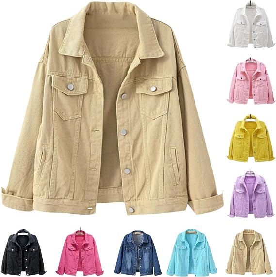 Women's Jean Jacket Cropped Plus Size Denim Jackets Trendy Long Sleeve Basic Button Down with Pockets