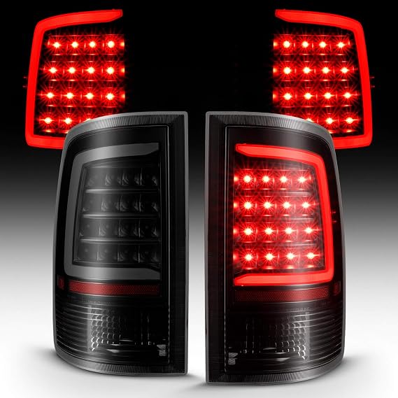 AmeriLite for 2009-2022 Dodge Ram 1500/10-22 Ram 2500 3500 Pickup C-Type LED Tube Dark Black Tail Light Assembly Pair - Passenger and Driver Side