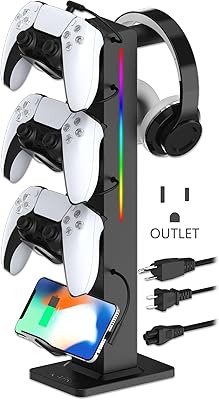 KAFRI RGB Gaming Headphone Stand with 8 Light Modes, Controller Holder for Desk - with Retractable Charger Cable - 2 Outlet Power & 4 Type-C Charging Port for PC Gamer AccessoriesBlack