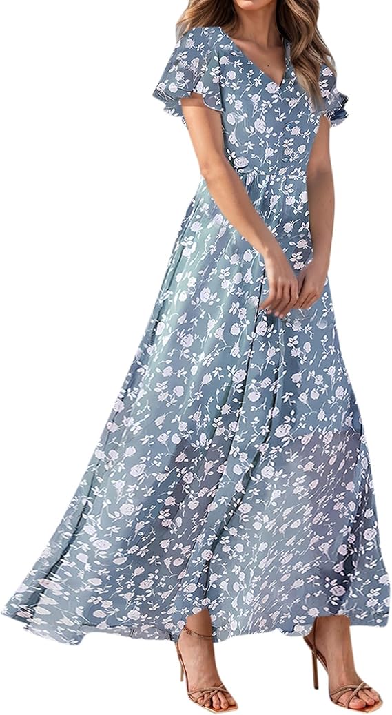 Maxi Dresses for Women,2025 Summer Trendy Floral Boho Dress,Casual V Neck Short Sleeve Chiffon Flowy Beach Dress