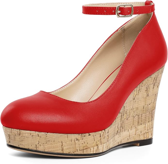 AUMOTED Women's Platform Wedges High Heels Pumps Closed Round Toe Buckle Ankle Strap Suede Heels Shoes for Ladies Casual Dress 3.93 Inch
