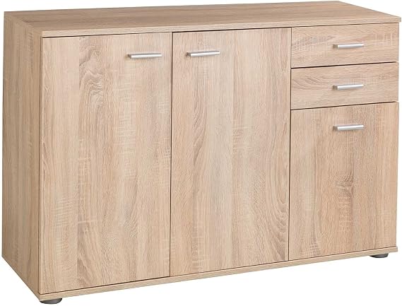 Kommode mit 3 Türen und 2 Schubladen - Eiche Sonoma - 106 cm breit - Sideboard Mehrzweckschrank