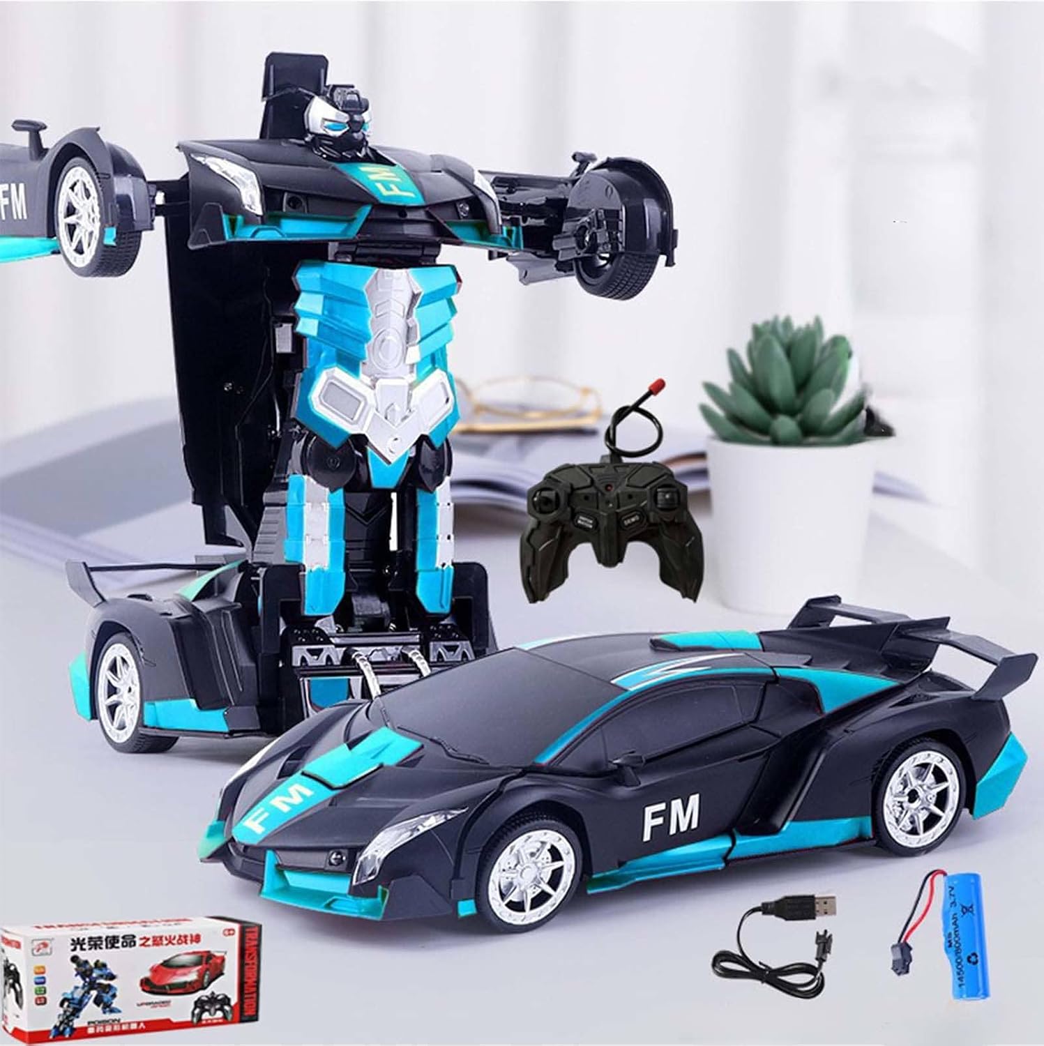 Electric Universal Deformation Police Toy Car, Remote Control Deformation Robot Car with Lights & Sounds, 2-in-1 RC Vehicle for Boys, Kids Gifts, Rechargeable Engineering Car Toy Blue