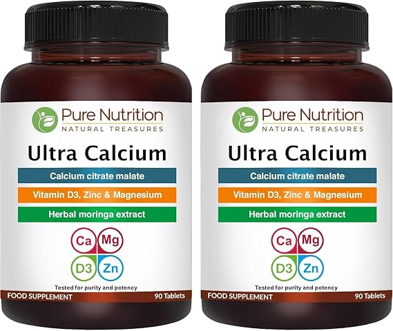 Pure Nutrition Ultra Calcium 1000mg with VIT D3 + K2 | 90 Tab | Highly absorbable Calcium Supplement with Calcium Citrate Malate, VIT D3, K2 (90 Count (Pack of 2))