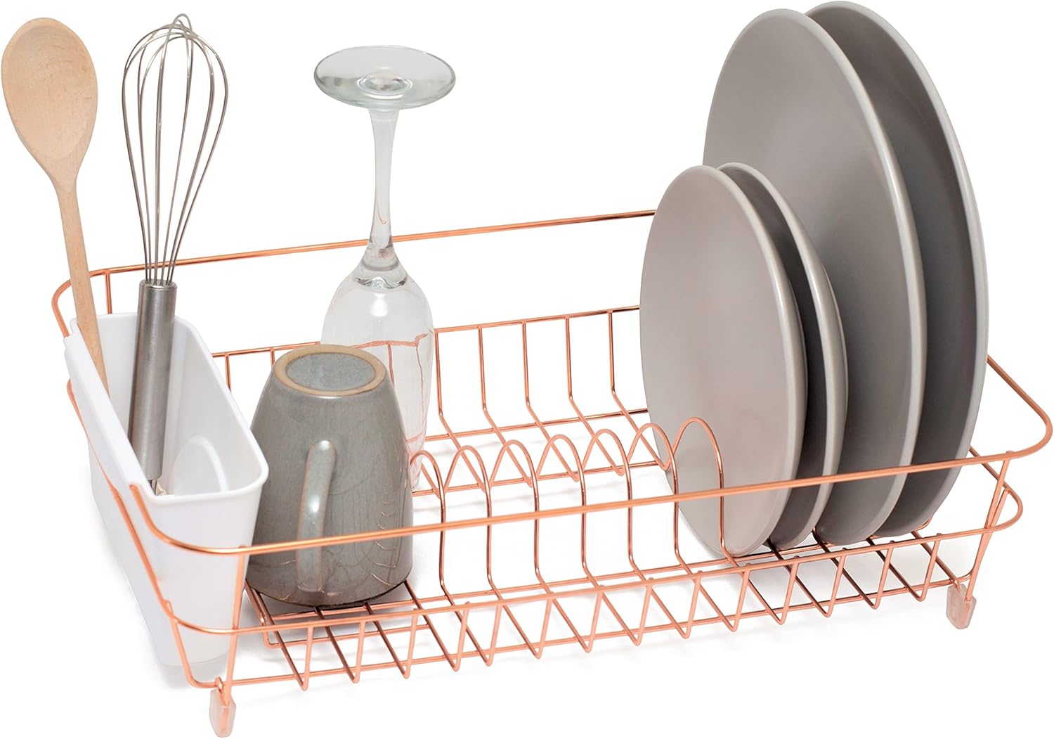simplywire - Dish Drainer - Anti Rust Drying Rack – White Cutlery Basket - Copper Chrome Plated steel