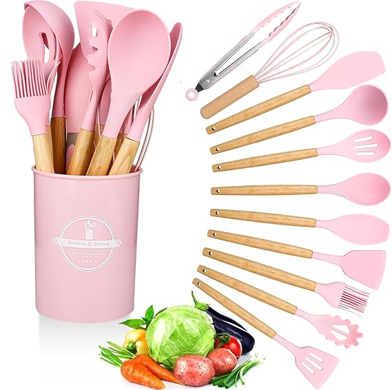Kitchen Utensil Set 12 PCS Silicone Cooking Utensils Set with Wooden Handle Non-Stick Cooking Spoons Utensil Sets Silicone Kitchen Utensils Set Heat Resistant Kitchen Tools Heat Resistant Set(Pink)