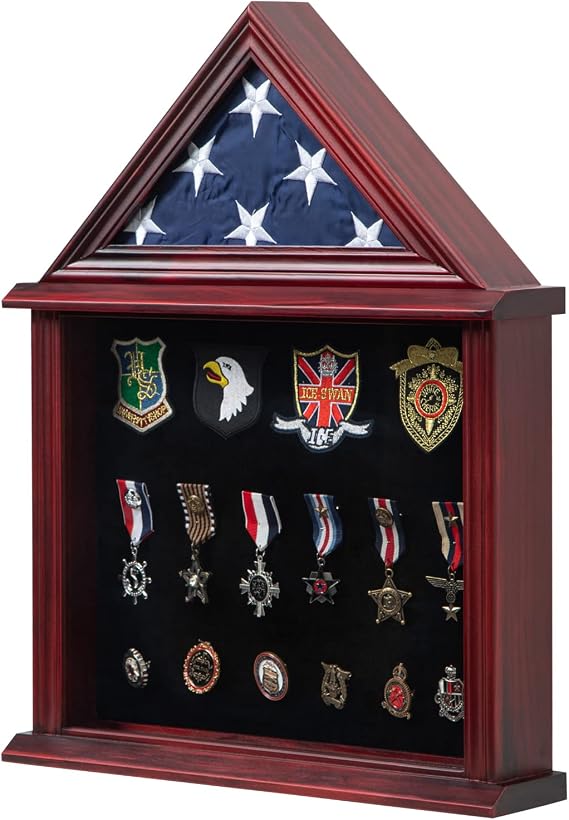 Small Military Shadow Box with Flag Display Case,Mahogany Finish