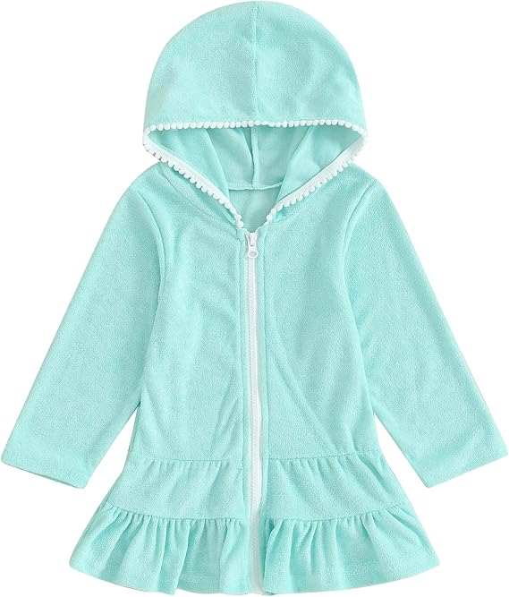 Nicoxijia Kids Toddler Little Girl Swim Cover Up Terry Zip-Up Hooded Beach Bathing Suit Swimsuit Wraps Zipper Coverup Dress