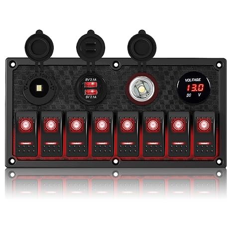 Marine Switch Panel, 8 Gang Rocker Switch Panel with 3.1A Dual USB Charger LED Digital Voltmeter, 12/24V Toggle Switch Panel for Automotive Cars Marine Boats RV (Red, 8 Gang)
