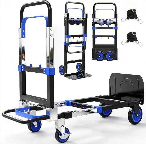 3-in-1 Folding Heavy Duty Hand Truck Dolly Cart Trolley with Wheels (Blue) | 500lbs, Convertible,Moving Cart with Retractable Handle, Collapsible Trolley for Moving Office/Home/Warehouse/Boxes/Carton