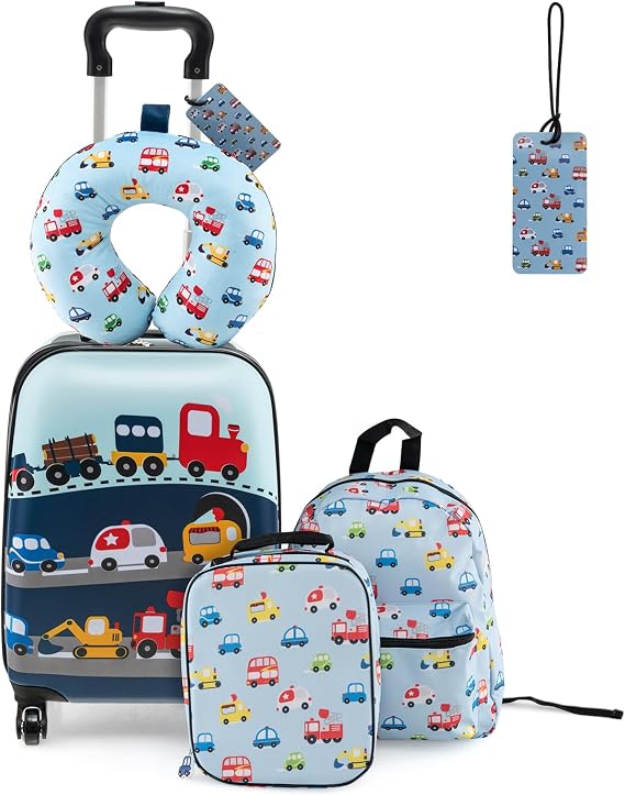 Goplus 5 Piece Kids Luggage Set, 16 Carry on Suitcase w/13 Backpack, Neck Pillow, Hardside Spinner Toddler Luggage, Travel Rolling Suitcase for Boys Girls Gifts (Blue, Car)