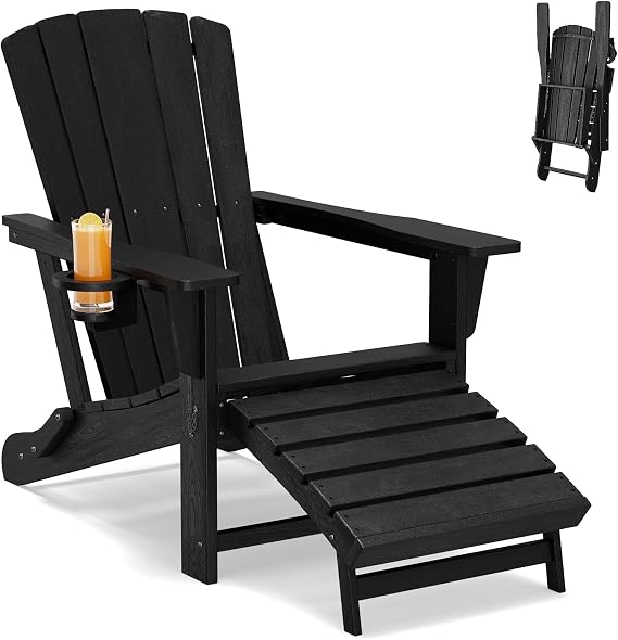 Folding Adirondack Chair with Retractable Ottoman,HDPE Outdoor Adirondack Chair with Cup Holder,All-Weather Lounge Chairs for Outside,Patio,Pool,Fire Pit,Black