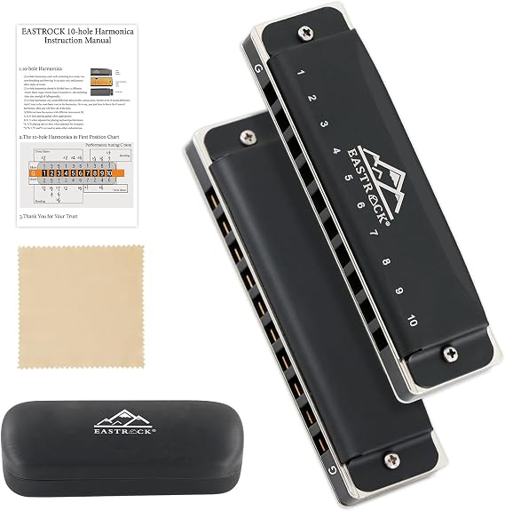 EastRock 10 Hole Blues Harmonica G Key Matte Black with Case for Beginner | Diatonic harmonica Mouth Organ Harp Phosphor Bronze Reeds and Metal Cover Plate for Adults Beginner Professional