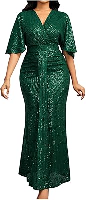 Winter Womens Solid Color Sequin Bodycon Ruffle Sleeve Ruched Maxi Dresses Wrap V-Neck Dresses for Cocktail Holiday