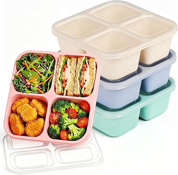 buluker 4'lü Paket Bento Atıştırmalık Kabı Seti, 4 Bölmeli Gıda Saklama Kapları, Buğday Samanı Yemek Hazırlama Öğle Yemeği Kutusu, Plastik Gıda Saklama kabı, Mikrodalga ve Bulaşık Makinesinde