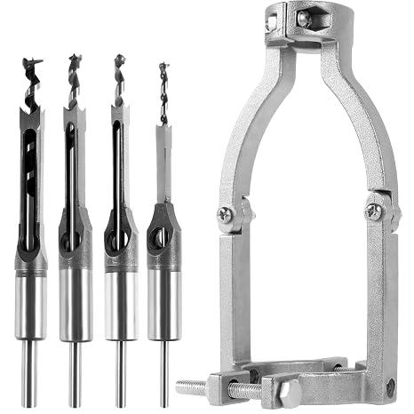 Square Hole Drill Bit Adapter With 4 Carbide Bits, Fixing Bracket, Woodworking Mortising Chisel Kit, Press Accessory for Bench Drill