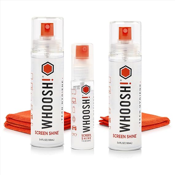 WHOOSH! Screen Cleaner Spray & Microfiber Cloths Bundle | 2X 3.4 & 1 fl oz + 3 Microfiber Cloths (6x6)