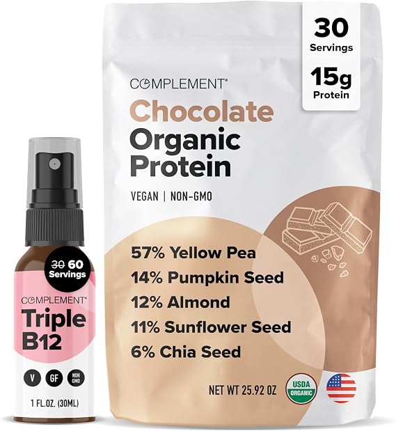 Complement Organic Chocolate Vegan Protein Powder & Triple B12 Spray Bundle Plant-Based Protein and Essential B12 Supplementation for Energy and Wellness