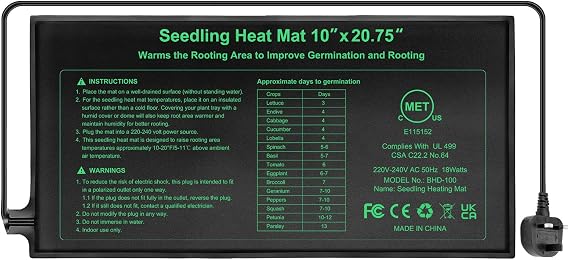 Seedling Heat Mat 10" x 20.75",Waterproof Plant Hydroponic Heating Mat for Seed Starting,Plant Germination and Reptile with Power-Off Protection (1 Pack)