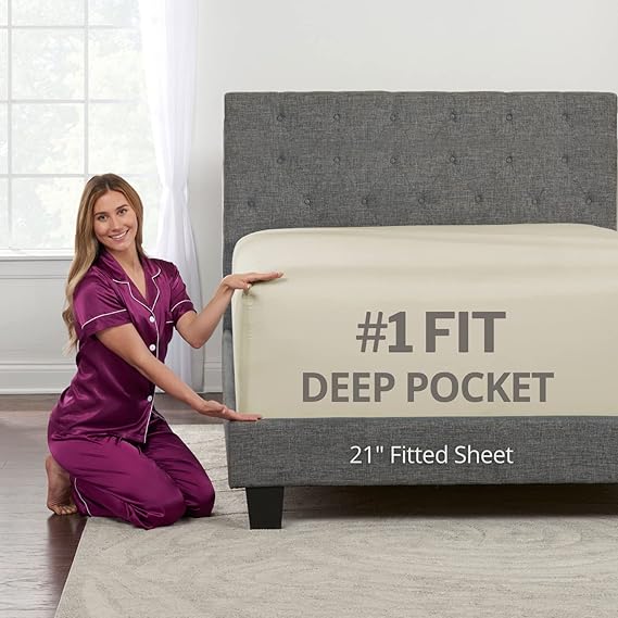 DeaLuxe Deep Pocket Queen Fitted Sheet 17 - 21 Inch + Extra Deep Pocket Fitted Sheet Only - 1 Fitted Bed Sheet with Deep Pockets for Pillow Top Mattress Queen Size Fitted Sheets Beige Cream