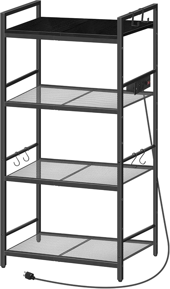 MAHANCRIS Bakers Rack with Power Outlet, Microwave Stand with Hooks, Multifunctional Storage Rack, Coffee Bar with Enclosure, Kitchen Storage Shelf, for Kitchen, Dining Room, Black BRHB40E01