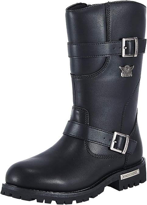 Dream Apparel Mens 11in PU Leather Motorcycle Engineer Boots for Riding, Waterproof Biker Boots with Full Length Side Zipper, Black Faux Leather Mid Calf Footwear