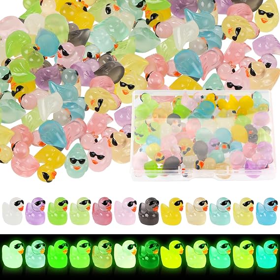 12 Colors Luminous Resin Tiny Ducks With Sunglasses 60pcs Mini Resin Duck Statues Colorful Glowing Resin Duckling with box for Aquarium Garden Landscape Christmas Birthday Party