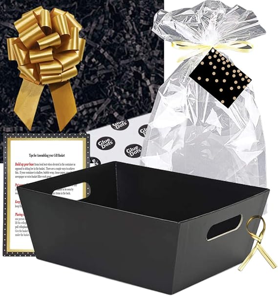 Gift Basket Making Kit and Supplies - Do It Yourself Diy Build Your Own Matching Supplies Market Tray Basket Cellophane Bag Shredded Crinkle Paper Ribbon Pull Bow (BLACK AND GOLD, X-LARGE)