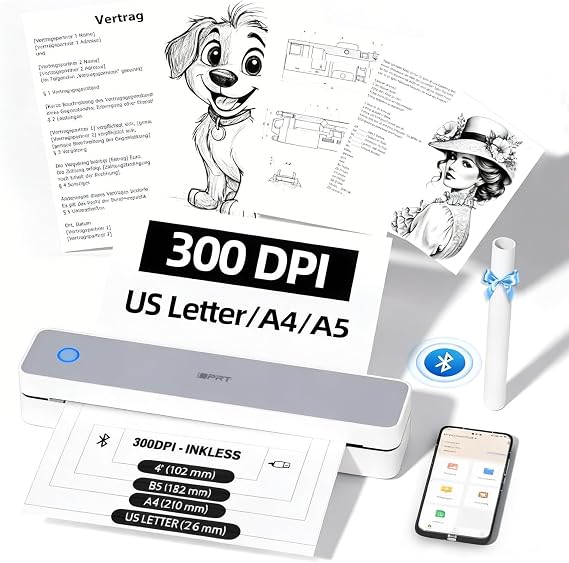iDPRT Portable Thermal Printer A4 Wireless Printer for Travel 300dpi, Bluetooth Inkless Printers for Home Use, Office & School,White