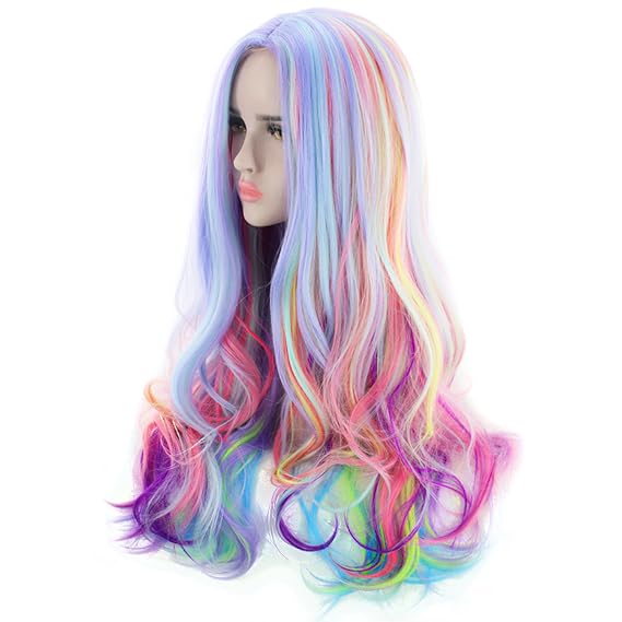 AGPTEK Full Long Curly Wavy Rainbow Hair Wig, 27.56 inch
