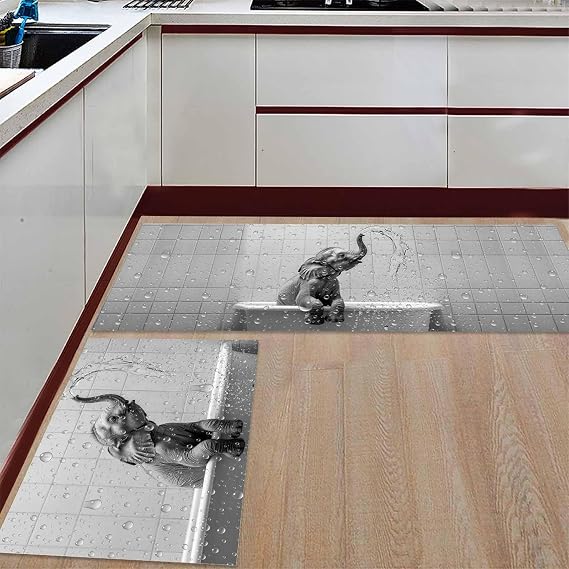 Grey Elephant Kitchen Rugs Sets of 2, Kitchen Rugs and Mats Non Skid Washable, Modern Art Bathtub Absorbent Floor Mat for Sink/Hallway/Bathroom, 15.7"x23.6"+15.7"x47.2"