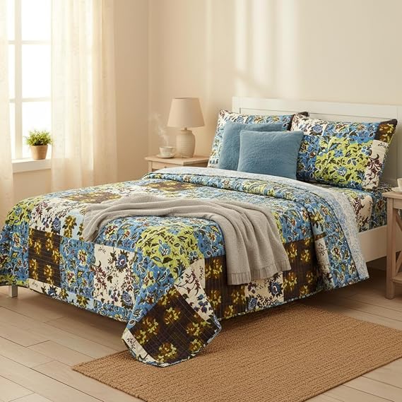 Tache Home Fashion 3-Piece Queen Quilt Set - Mystical Autumn Leaves Floral Patchwork Bedspread, Lightweight Reversible Cotton Coverlet