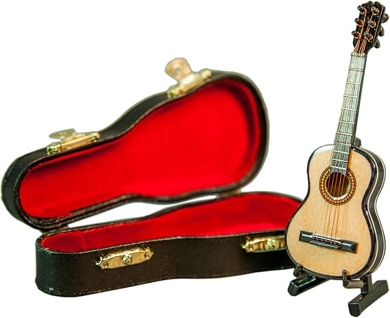Sky 4.5 Inches Mini Guitar Natural Finish Acoustic Miniature Guitar with Display Stand Case Great Gift UNPLAYABLE