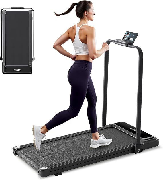 Walking Pad Under Desk Treadmill with Foldable Handle Bar, Portable Compact Electric Walking Treadmills with Remote Control for Home Office, Quiet Fitness Machine, Inky Black